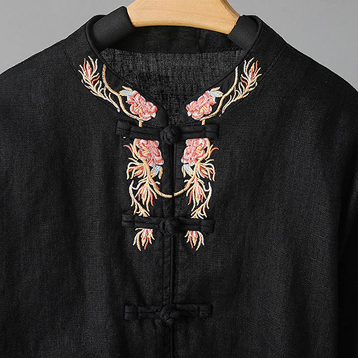 Chemise femme en coton à manches longues et boutons grenouille, broderie de fleurs et Buddha Stones - image 24