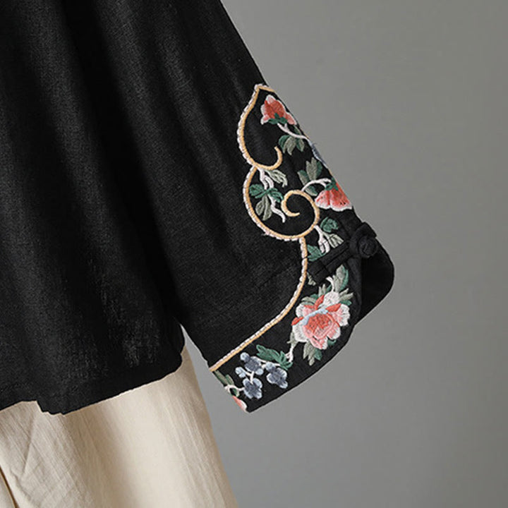 Chemise femme en coton à manches longues et boutons grenouille, broderie de fleurs et Buddha Stones - image 21