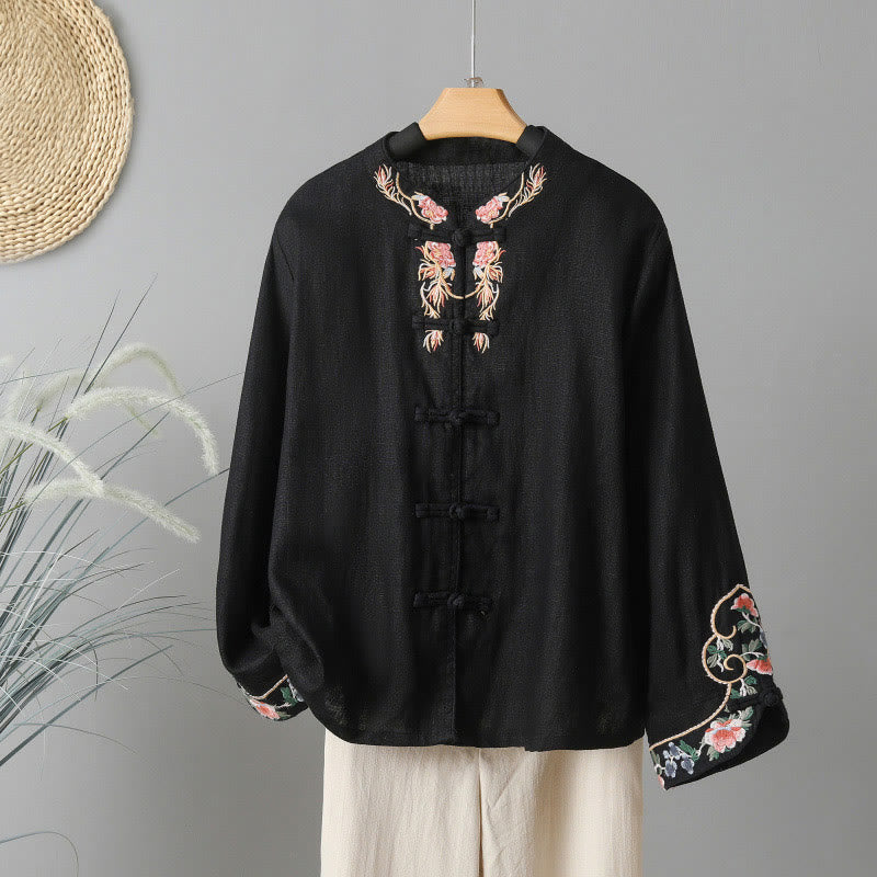 Chemise femme en coton à manches longues et boutons grenouille, broderie de fleurs et Buddha Stones - Noir - US12，UK/AU16，EU44 (2XL) - image 18