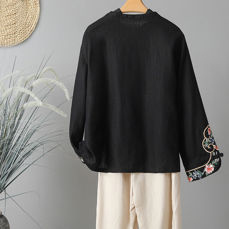 Chemise femme en coton à manches longues et boutons grenouille, broderie de fleurs et Buddha Stones - image 19