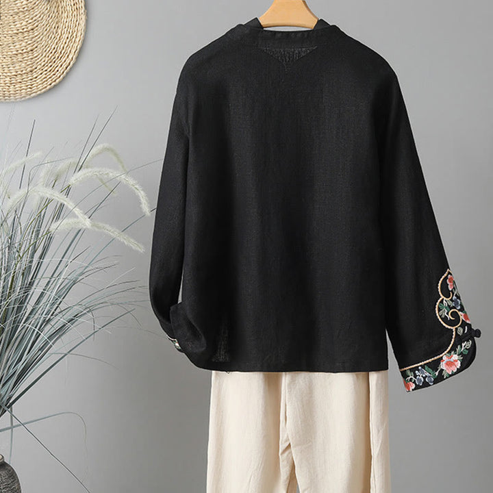 Chemise femme en coton à manches longues et boutons grenouille, broderie de fleurs et Buddha Stones - image 19