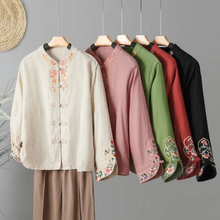 Chemise femme en coton à manches longues et boutons grenouille, broderie de fleurs et Buddha Stones - image 25