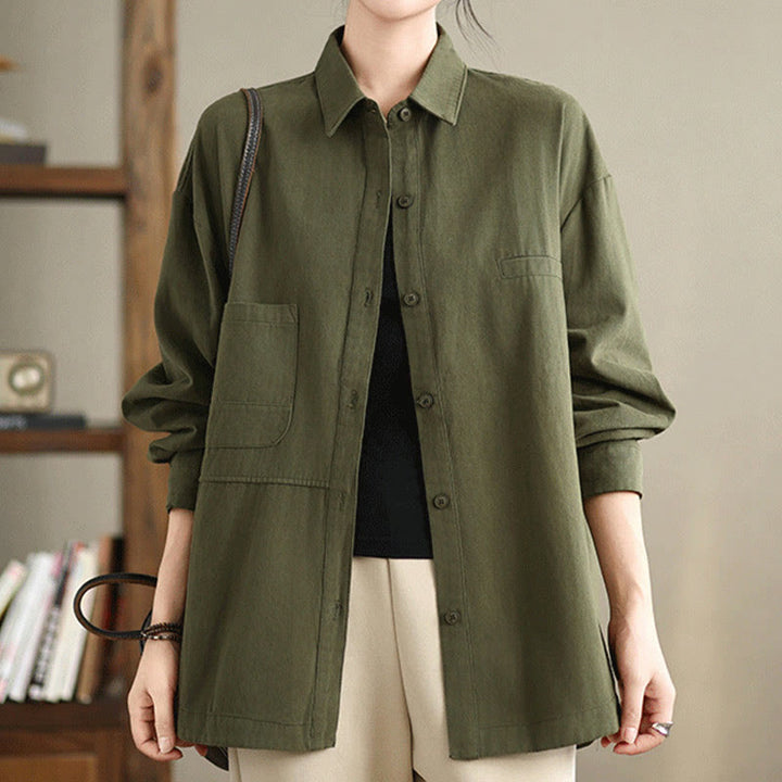 Chemise décontractée à manches longues en coton avec poches et motif Buddha Stones pour femme - Vert olive foncé - US14，UK/AU18，EU46 (2XL) - image 0