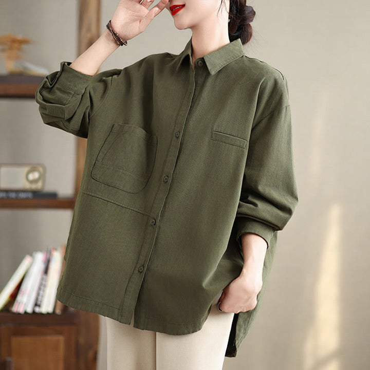 Chemise décontractée à manches longues en coton avec poches et motif Buddha Stones pour femme - image 4