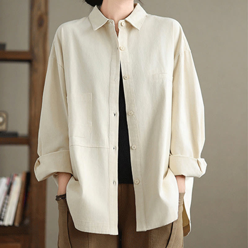 Chemise décontractée à manches longues en coton avec poches et motif Buddha Stones pour femme - Beige - US14，UK/AU18，EU46 (2XL) - image 6
