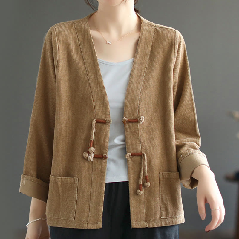 Veste en velours côtelé à manches longues et poches Buddha Stones pour femme - BurlyWood - US12，UK/AU16，EU44 (2XL) - image 0