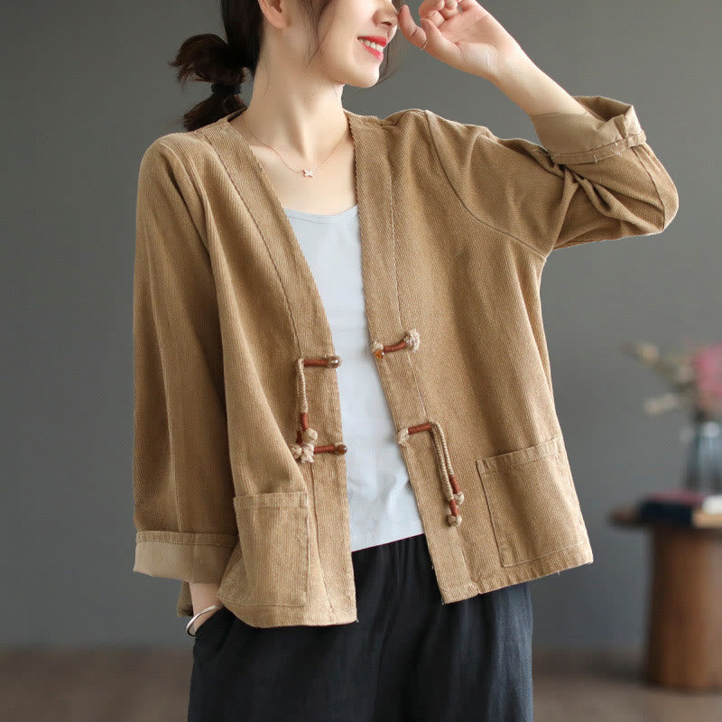 Veste en velours côtelé à manches longues et poches Buddha Stones pour femme - image 2