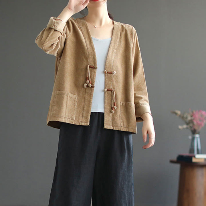 Veste en velours côtelé à manches longues et poches Buddha Stones pour femme - image 3
