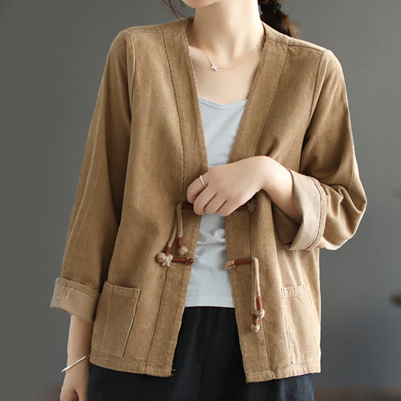 Veste en velours côtelé à manches longues et poches Buddha Stones pour femme - image 1