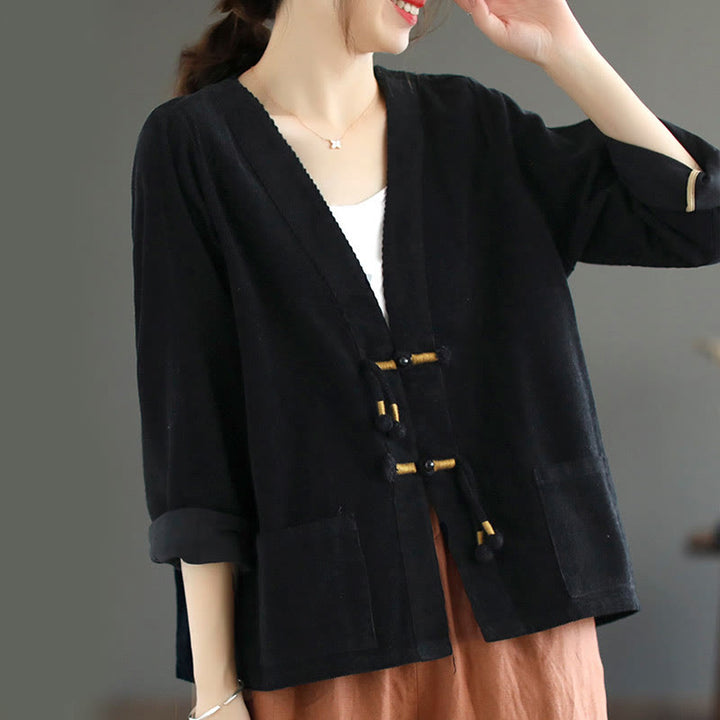 Veste en velours côtelé à manches longues et poches Buddha Stones pour femme - Noir - US12，UK/AU16，EU44 (2XL) - image 15