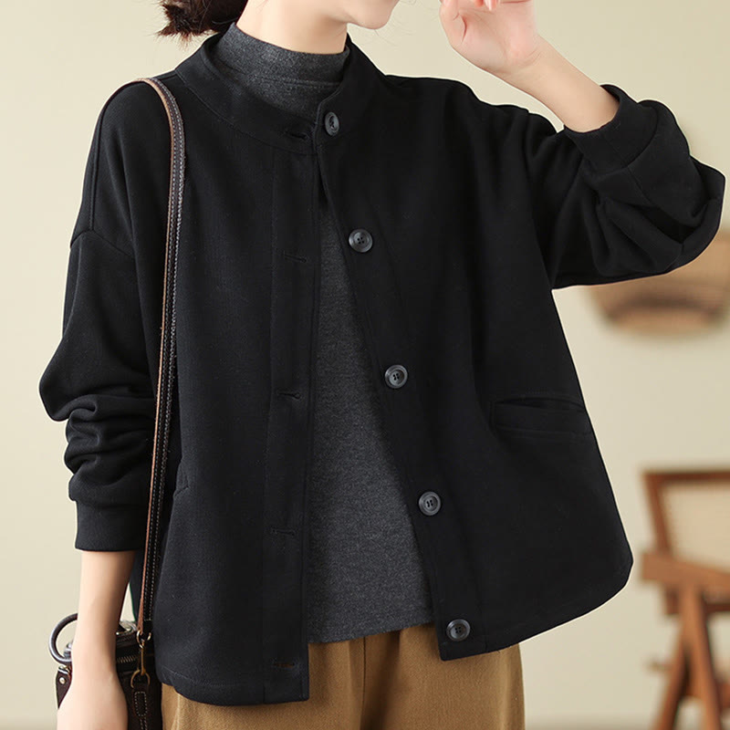 Veste à manches longues en coton pour femme, couleur unie, avec poches, motif Buddha Stones - Noir - US14，UK/AU18，EU46 (2XL) - image 0