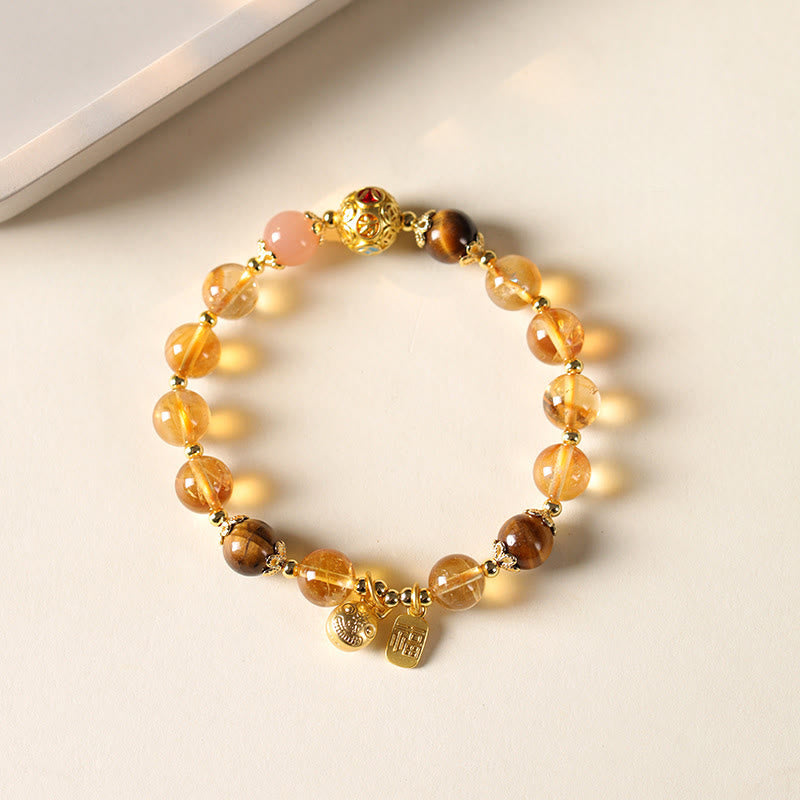 Bracelet de prospérité en Buddha Stones, citrine naturelle, personnage Fu, bête porte-bonheur - Citrine et œil de tigre (circonférence du poignet : 15-16 cm) - image 0