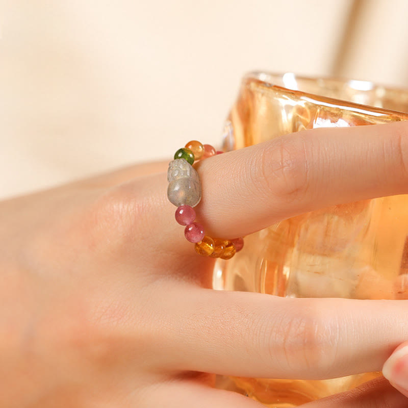 Bague d'amour positive en ambre Pixiu avec tourmaline naturelle et perle porte-bonheur - image 7