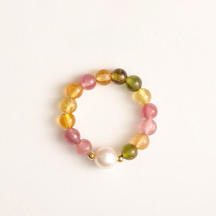 Bague d'amour positive en ambre Pixiu avec tourmaline naturelle et perle porte-bonheur - Tourmaline et perle - image 0