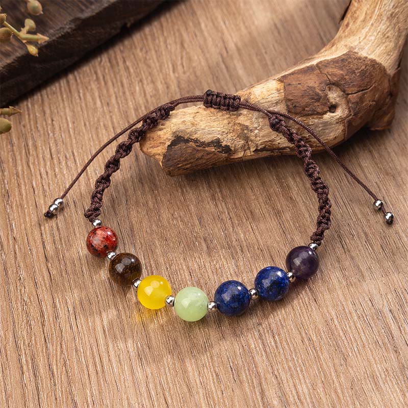 Bracelet en corde de courage en Buddha Stones, cristaux naturels variés, œil de tigre, améthyste - Corde marron et cristaux divers (tour de poignet : 15-26 cm) - image 0