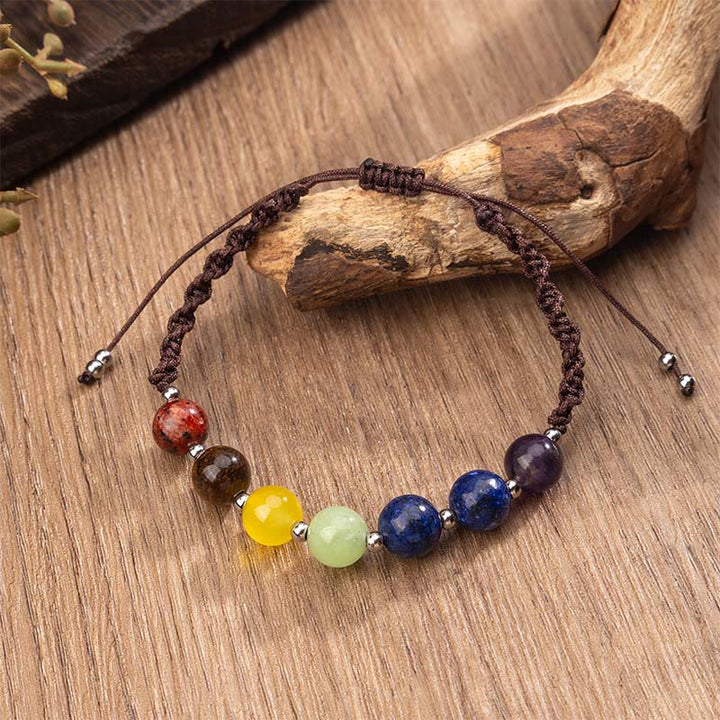 Bracelet en corde de courage en Buddha Stones, cristaux naturels variés, œil de tigre, améthyste - Corde marron et cristaux divers (tour de poignet : 15-26 cm) - image 0