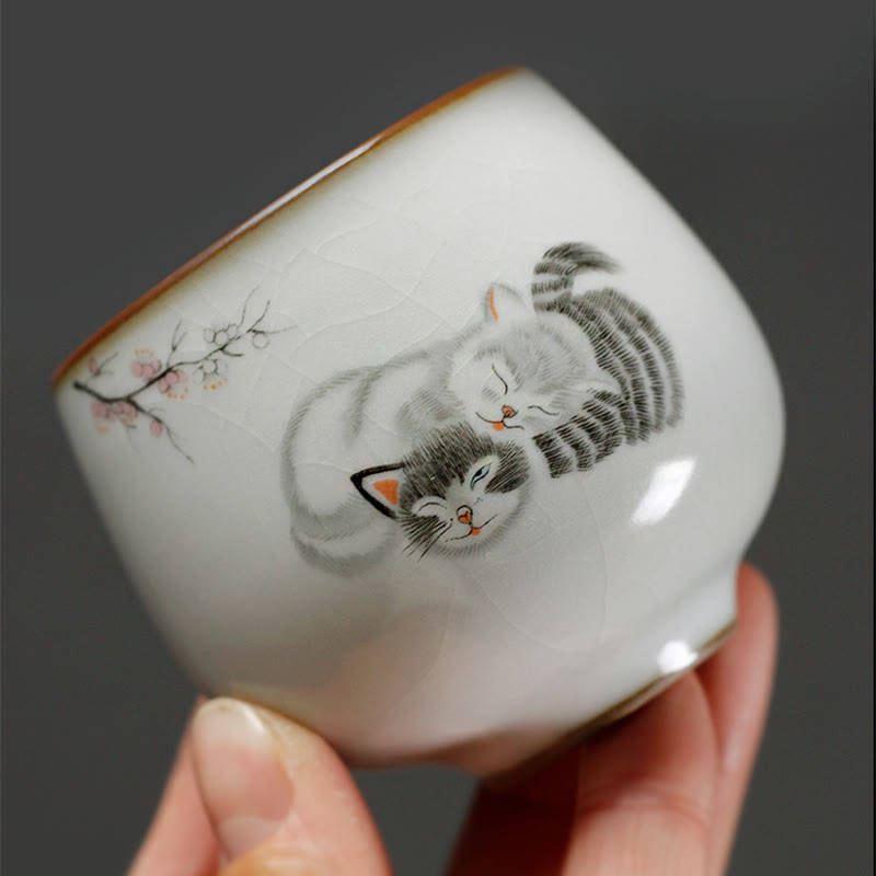 Buddha Stones Tasse à thé Kung Fu avec motif de chat mignon et branches, présentée dans un coffret cadeau. - image 9