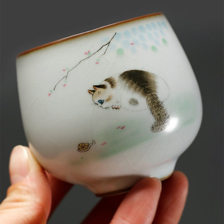 Buddha Stones Tasse à thé Kung Fu avec motif de chat mignon et branches, présentée dans un coffret cadeau. - image 6