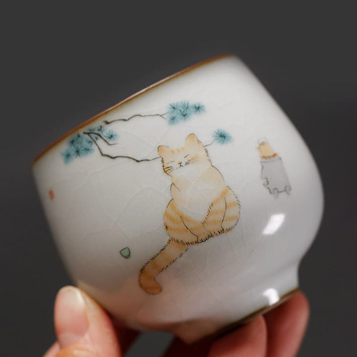 Buddha Stones Tasse à thé Kung Fu avec motif de chat mignon et branches, présentée dans un coffret cadeau. - image 2