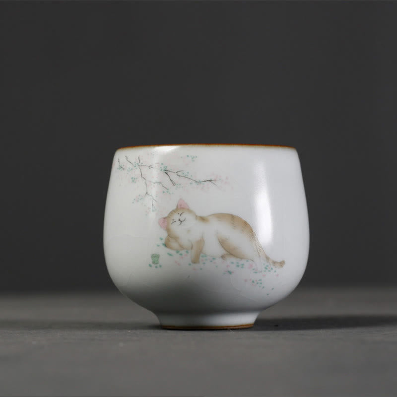 Buddha Stones Tasse à thé Kung Fu avec motif de chat mignon et branches, présentée dans un coffret cadeau. - image 4