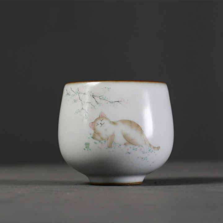 Buddha Stones Tasse à thé Kung Fu avec motif de chat mignon et branches, présentée dans un coffret cadeau. - image 4