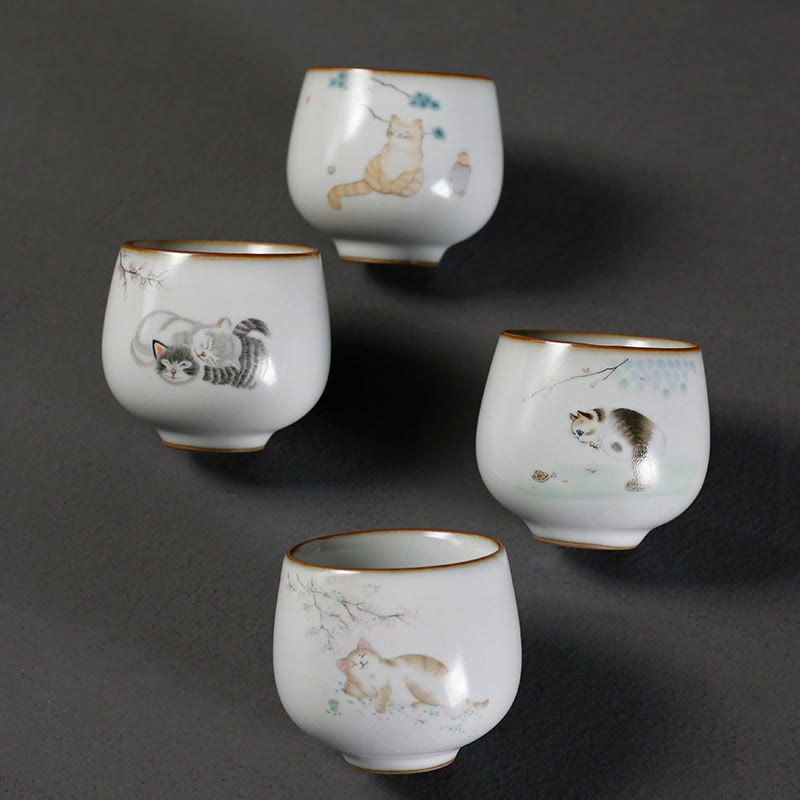 Buddha Stones Tasse à thé Kung Fu avec motif de chat mignon et branches, présentée dans un coffret cadeau. - image 12