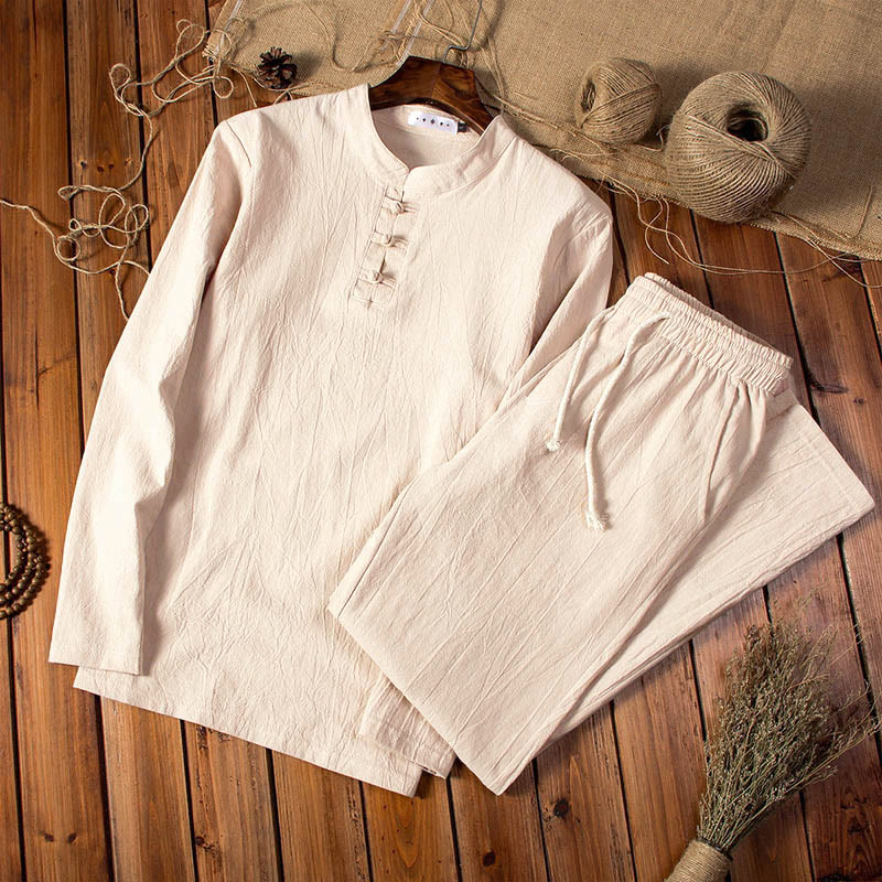 Ensemble haut et pantalon à manches longues en coton et lin de couleur pure avec Buddha Stones pour homme - Mocassin - États-Unis/Royaume-Uni/AU 44, EU 54 (5XL) - image 1