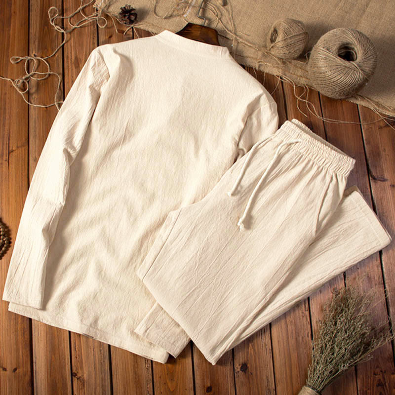 Ensemble haut et pantalon à manches longues en coton et lin de couleur pure avec Buddha Stones pour homme - image 2