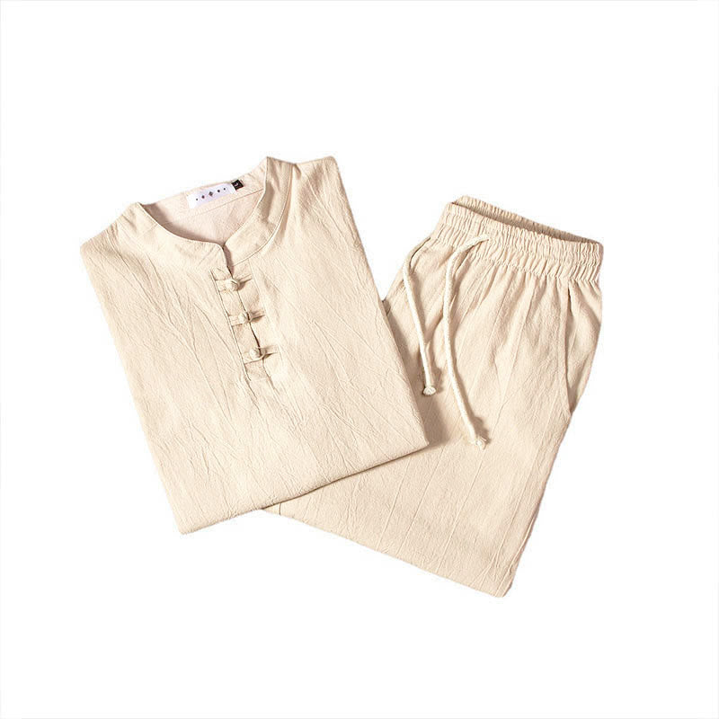 Ensemble haut et pantalon à manches longues en coton et lin de couleur pure avec Buddha Stones pour homme - image 7