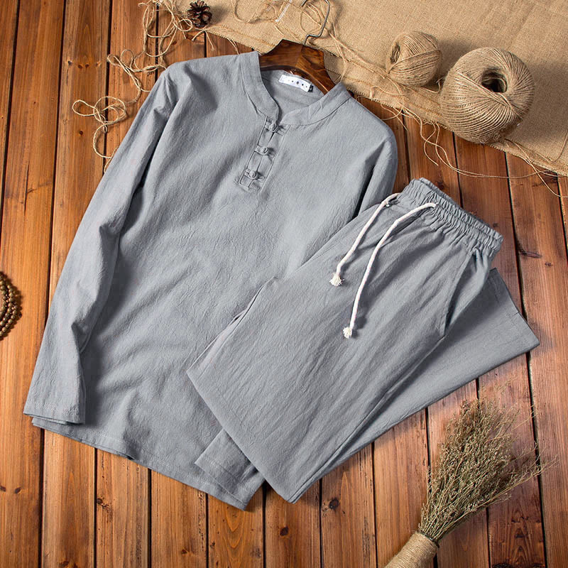 Ensemble haut et pantalon à manches longues en coton et lin de couleur pure avec Buddha Stones pour homme - DimGray - États-Unis/Royaume-Uni/AU 44, EU 54 (5XL) - image 8