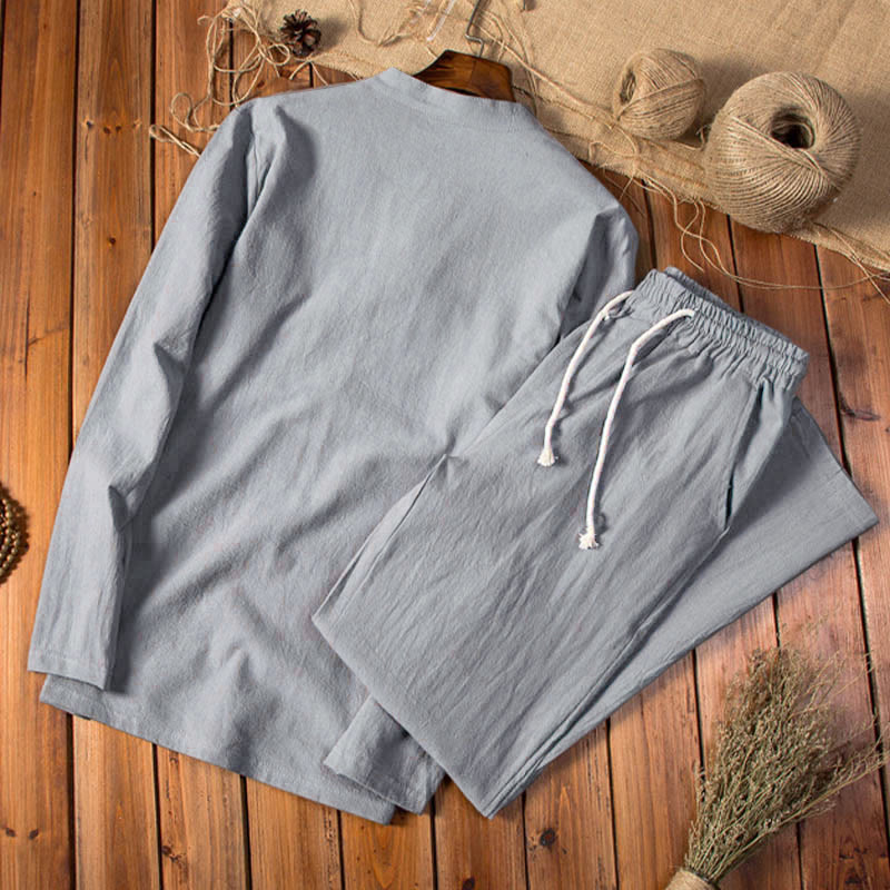 Ensemble haut et pantalon à manches longues en coton et lin de couleur pure avec Buddha Stones pour homme - image 9