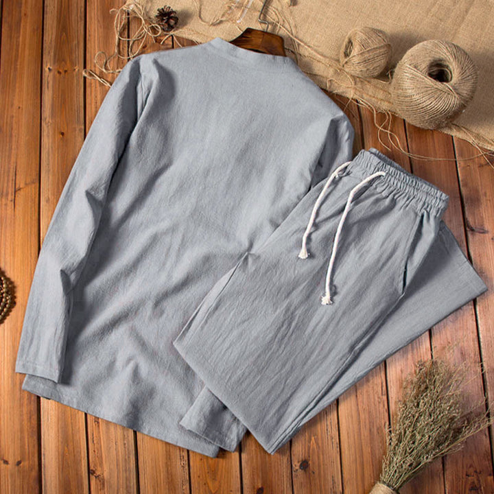 Ensemble haut et pantalon à manches longues en coton et lin de couleur pure avec Buddha Stones pour homme - image 9