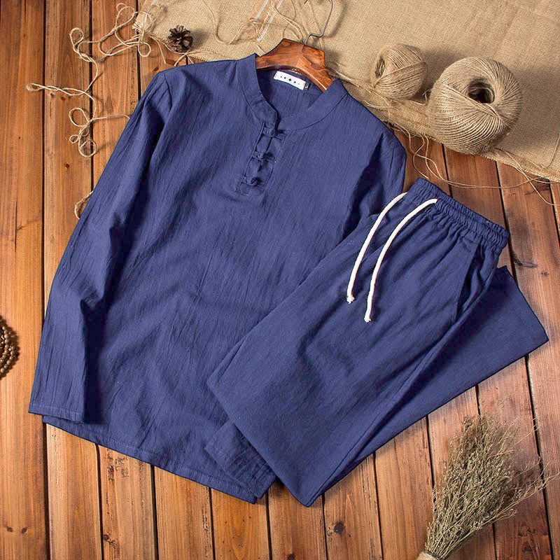 Ensemble haut et pantalon à manches longues en coton et lin de couleur pure avec Buddha Stones pour homme - Bleu nuit - États-Unis/Royaume-Uni/AU 44, EU 54 (5XL) - image 12