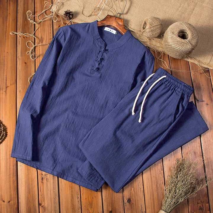 Ensemble haut et pantalon à manches longues en coton et lin de couleur pure avec Buddha Stones pour homme - Bleu nuit - États-Unis/Royaume-Uni/AU 44, EU 54 (5XL) - image 12