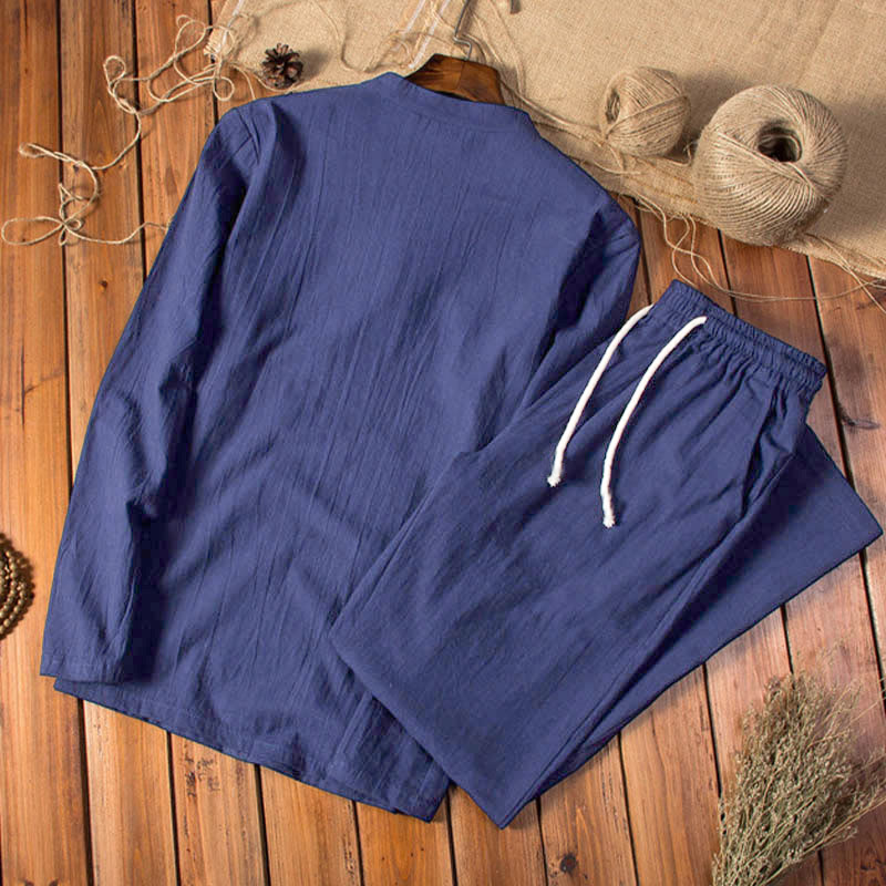 Ensemble haut et pantalon à manches longues en coton et lin de couleur pure avec Buddha Stones pour homme - image 13
