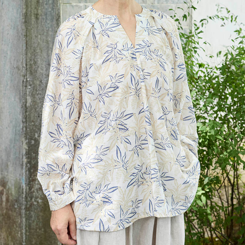 Chemise à manches longues pour femme, motif Buddha Stones, bleu beige et fleurs crantées, pour personnes âgées - image 1