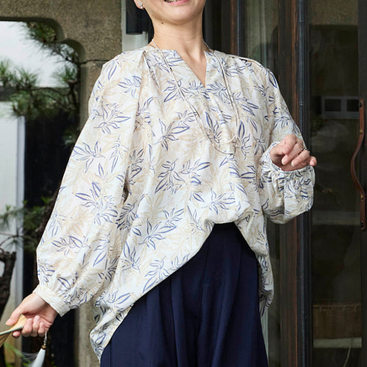 Chemise à manches longues pour femme, motif Buddha Stones, bleu beige et fleurs crantées, pour personnes âgées - image 13