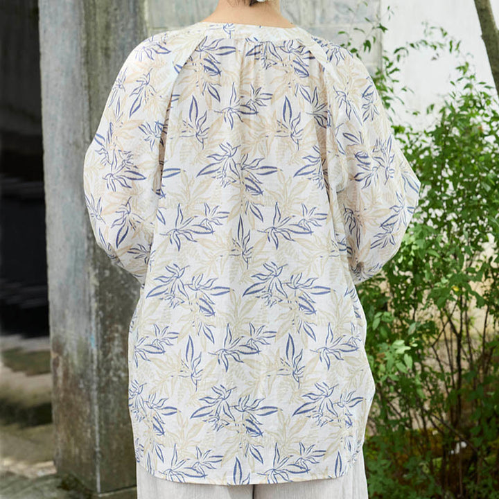 Chemise à manches longues pour femme, motif Buddha Stones, bleu beige et fleurs crantées, pour personnes âgées - image 2