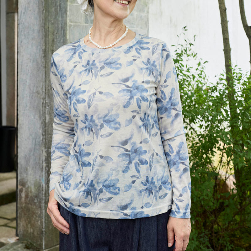 T-shirt à manches longues pour femme, motif Buddha Stones Fall, motif floral bleu, pour personnes âgées - AliceBlue - US8-10，UK/AU12-14，EU40-42 (2XL) - image 0