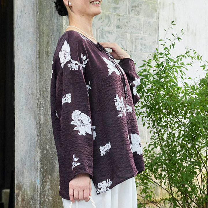 Chemise à manches longues et lacets pour femme, motif floral noir, motif Buddha Stones, pour personnes âgées - image 3