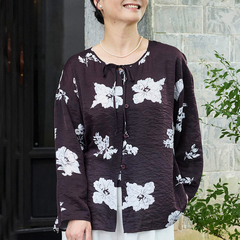 Chemise à manches longues et lacets pour femme, motif floral noir, motif Buddha Stones, pour personnes âgées - image 5