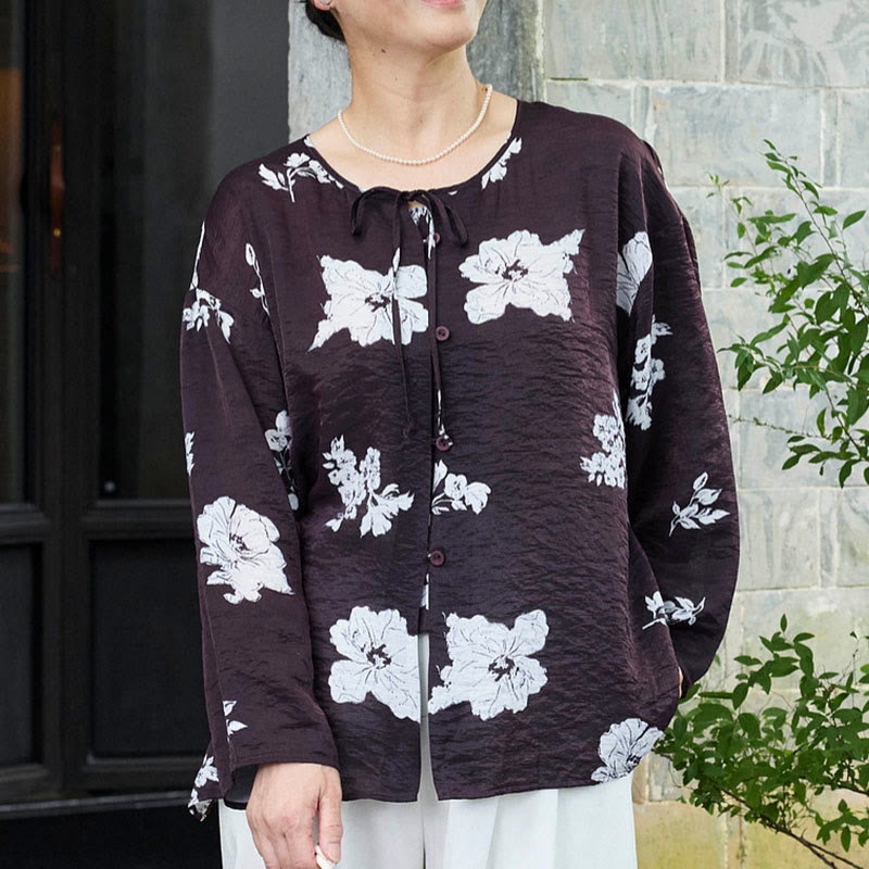 Chemise à manches longues et lacets pour femme, motif floral noir, motif Buddha Stones, pour personnes âgées - Noir - US14，UK/AU18，EU46 (2XL) - image 0