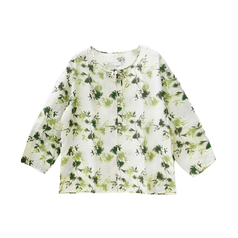 Chemise à manches longues pour femme, motif Buddha Stones, feuilles florales vertes, lacets et boutons, pour personnes âgées - image 5