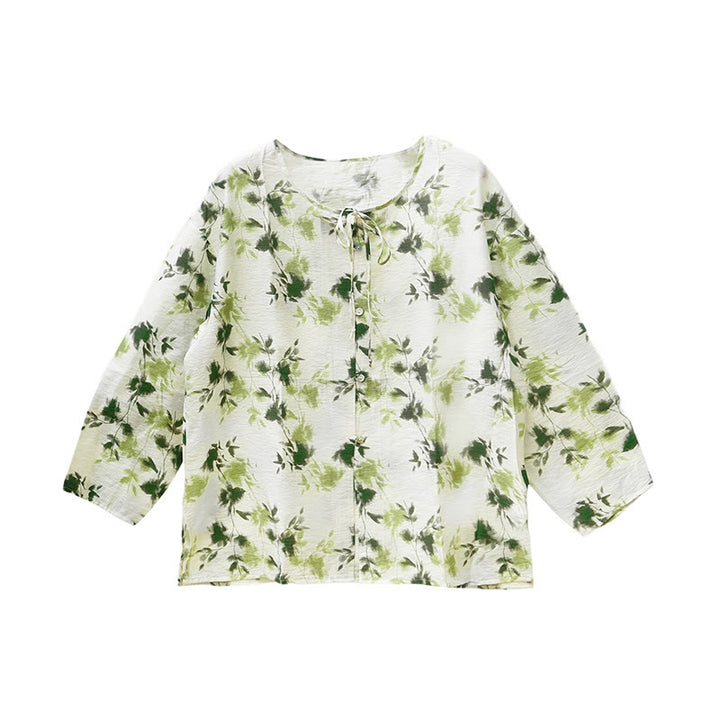 Chemise à manches longues pour femme, motif Buddha Stones, feuilles florales vertes, lacets et boutons, pour personnes âgées - image 5