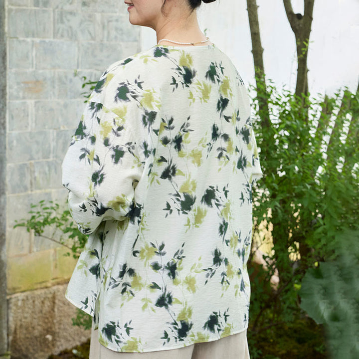Chemise à manches longues pour femme, motif Buddha Stones, feuilles florales vertes, lacets et boutons, pour personnes âgées - image 4