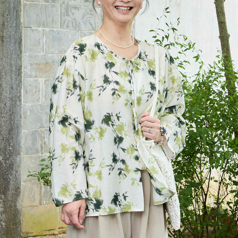 Chemise à manches longues pour femme, motif Buddha Stones, feuilles florales vertes, lacets et boutons, pour personnes âgées - image 1