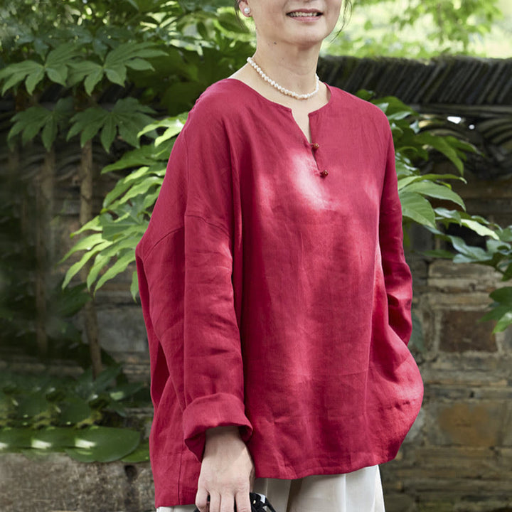 Chemise à manches longues en lin uni avec Buddha Stones pour femme, pour personnes âgées - Cramoisi - US14，UK/AU18，EU46 (2XL) - image 15