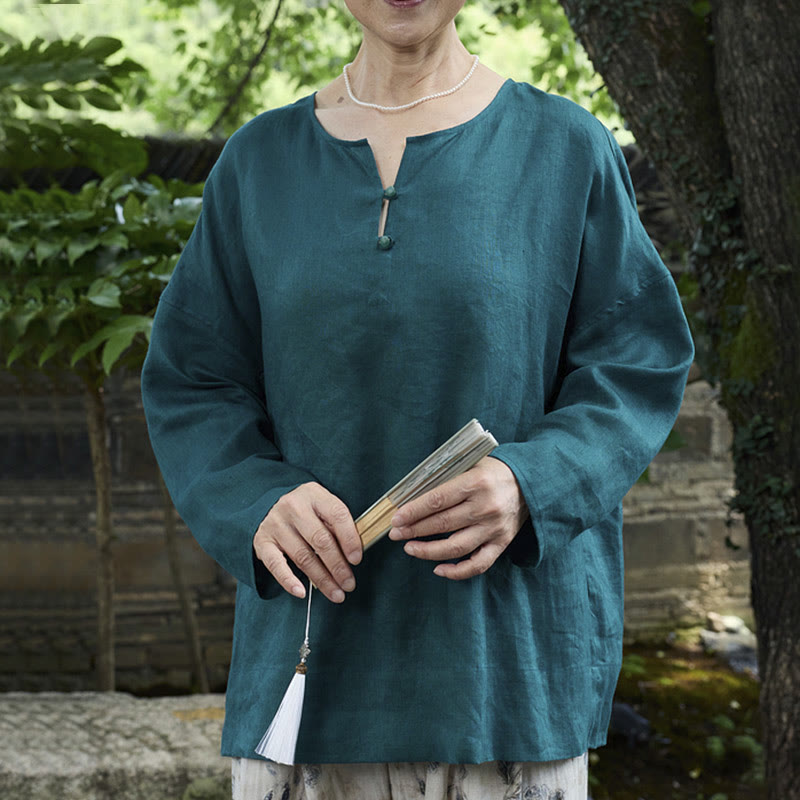 Chemise à manches longues en lin uni avec Buddha Stones pour femme, pour personnes âgées - Sarcelle - US14，UK/AU18，EU46 (2XL) - image 0