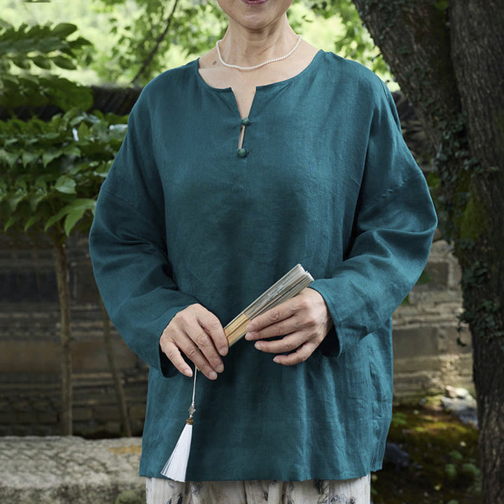 Chemise à manches longues en lin uni avec Buddha Stones pour femme, pour personnes âgées - Sarcelle - US14，UK/AU18，EU46 (2XL) - image 0