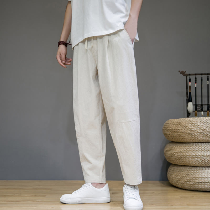 Pantalon décontracté en coton et lin avec cordon de serrage et poches pour homme, coupe fuselée, couleur pure, motif Buddha Stones - Beige - US/UK/AU46，EU56 (5XL) - image 15